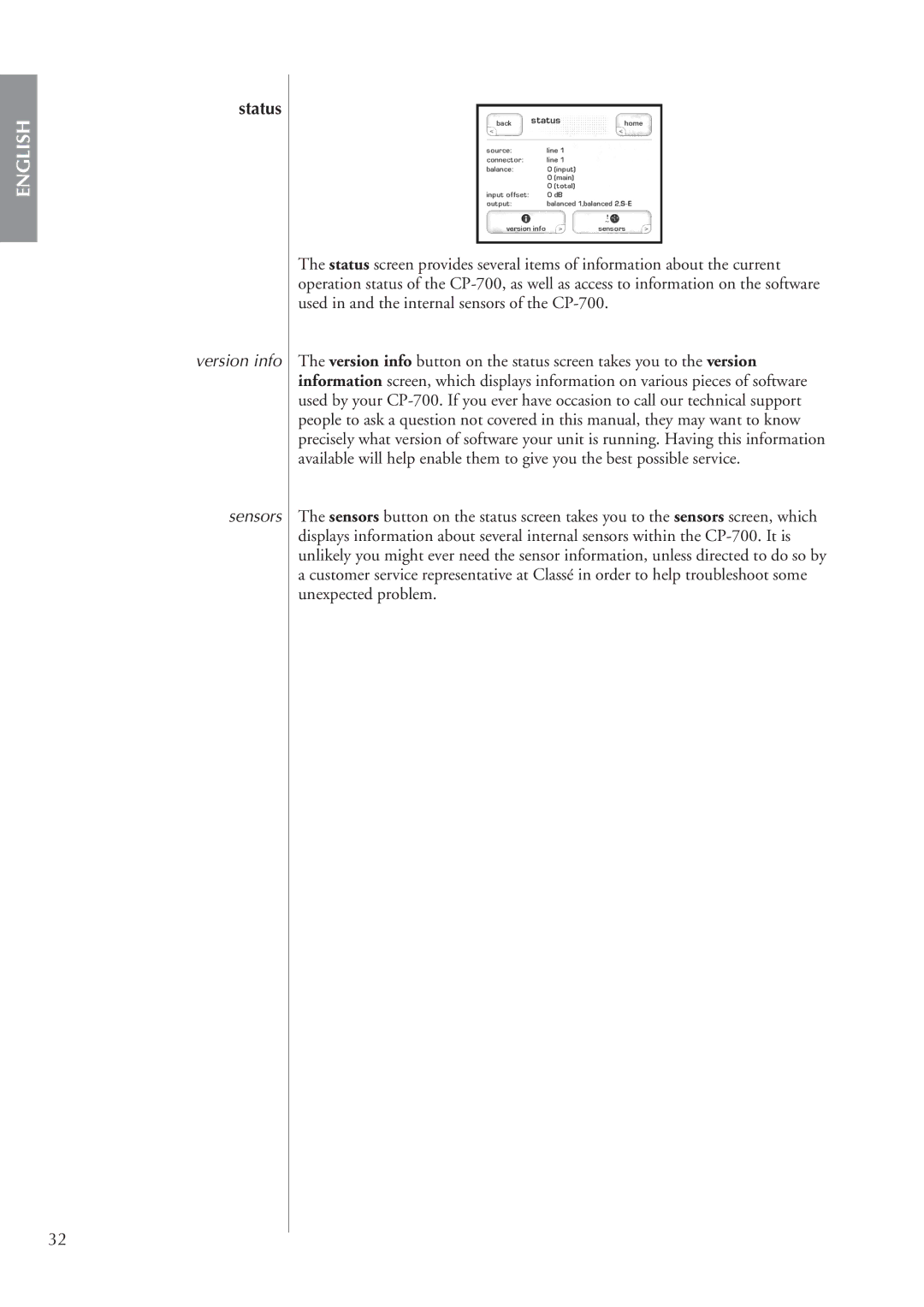 Classe Audio cp-700 owner manual Status, Version info Sensors 