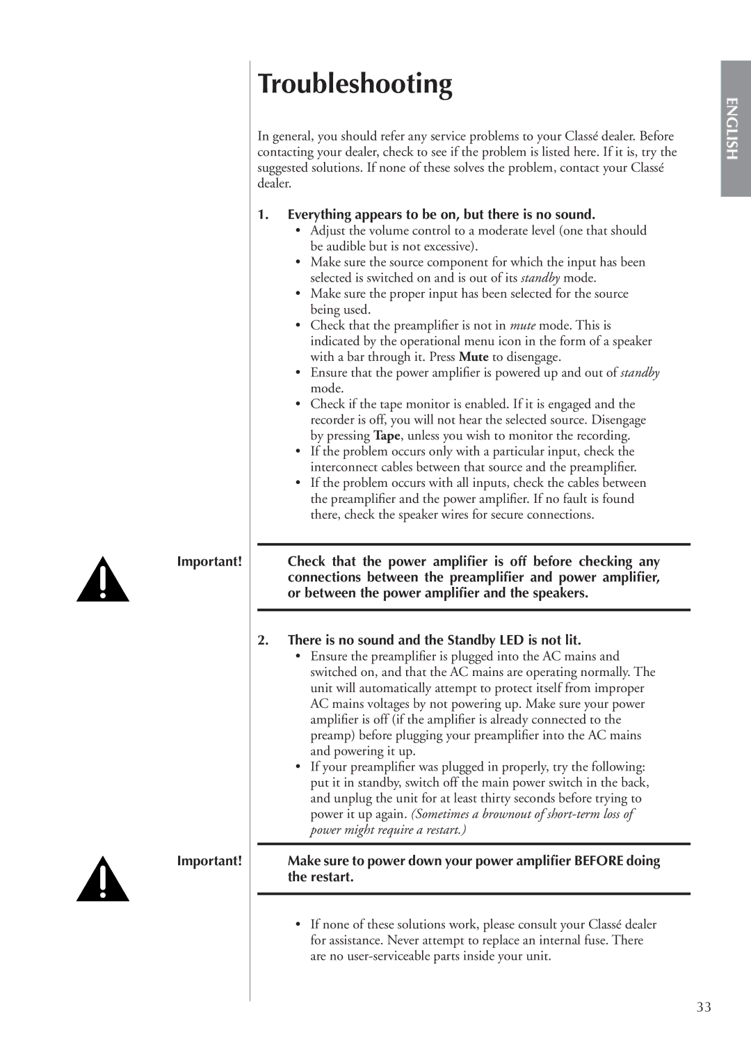 Classe Audio cp-700 owner manual Troubleshooting, Everything appears to be on, but there is no sound 