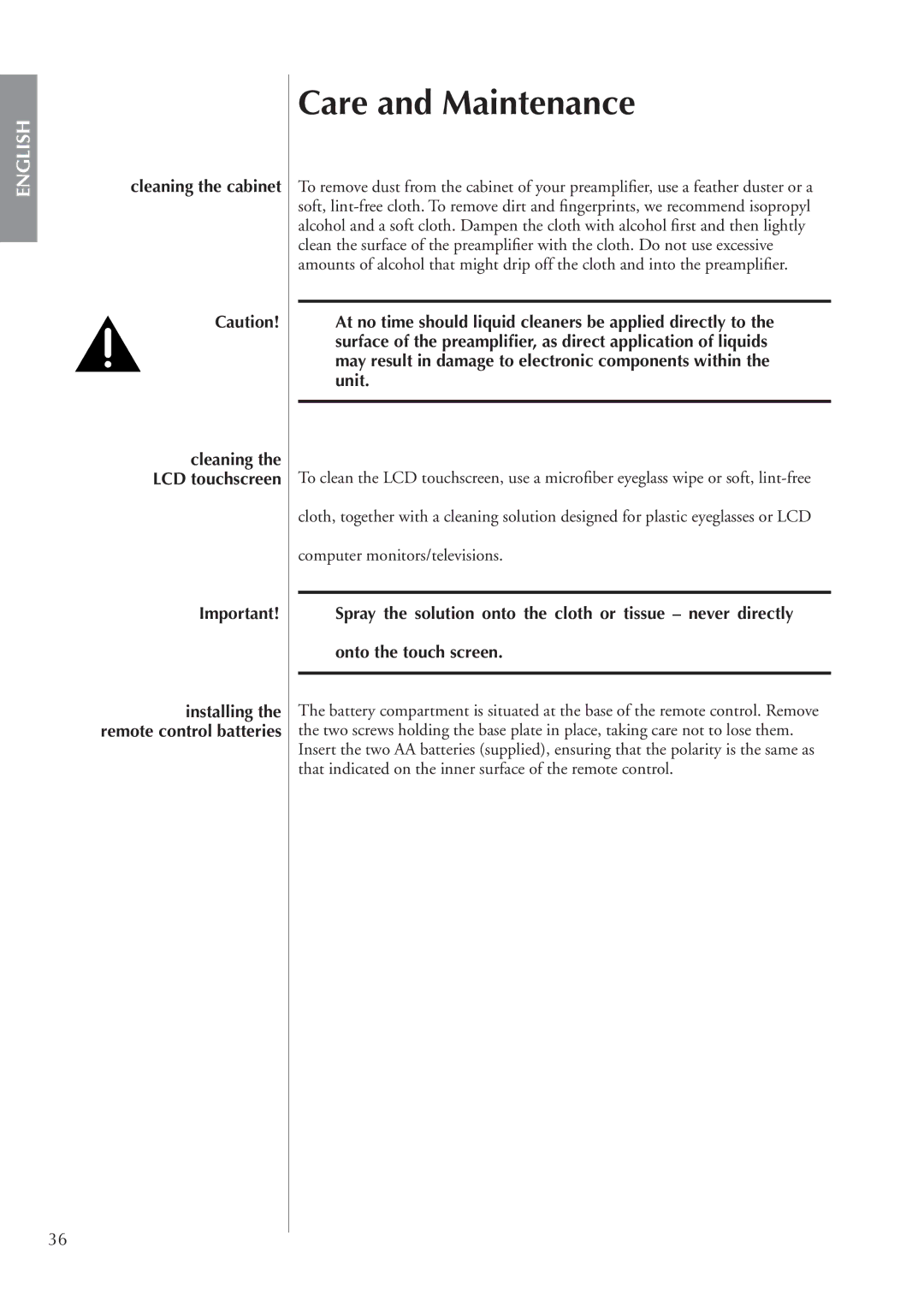 Classe Audio cp-700 owner manual Care and Maintenance, Cleaning the cabinet 