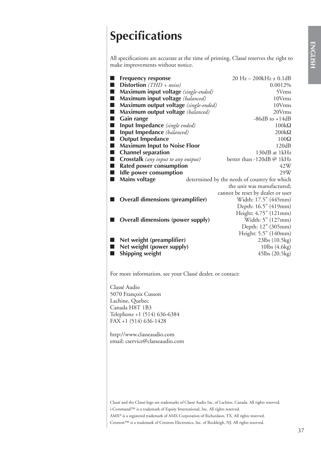 Classe Audio cp-700 owner manual Speciﬁcations 