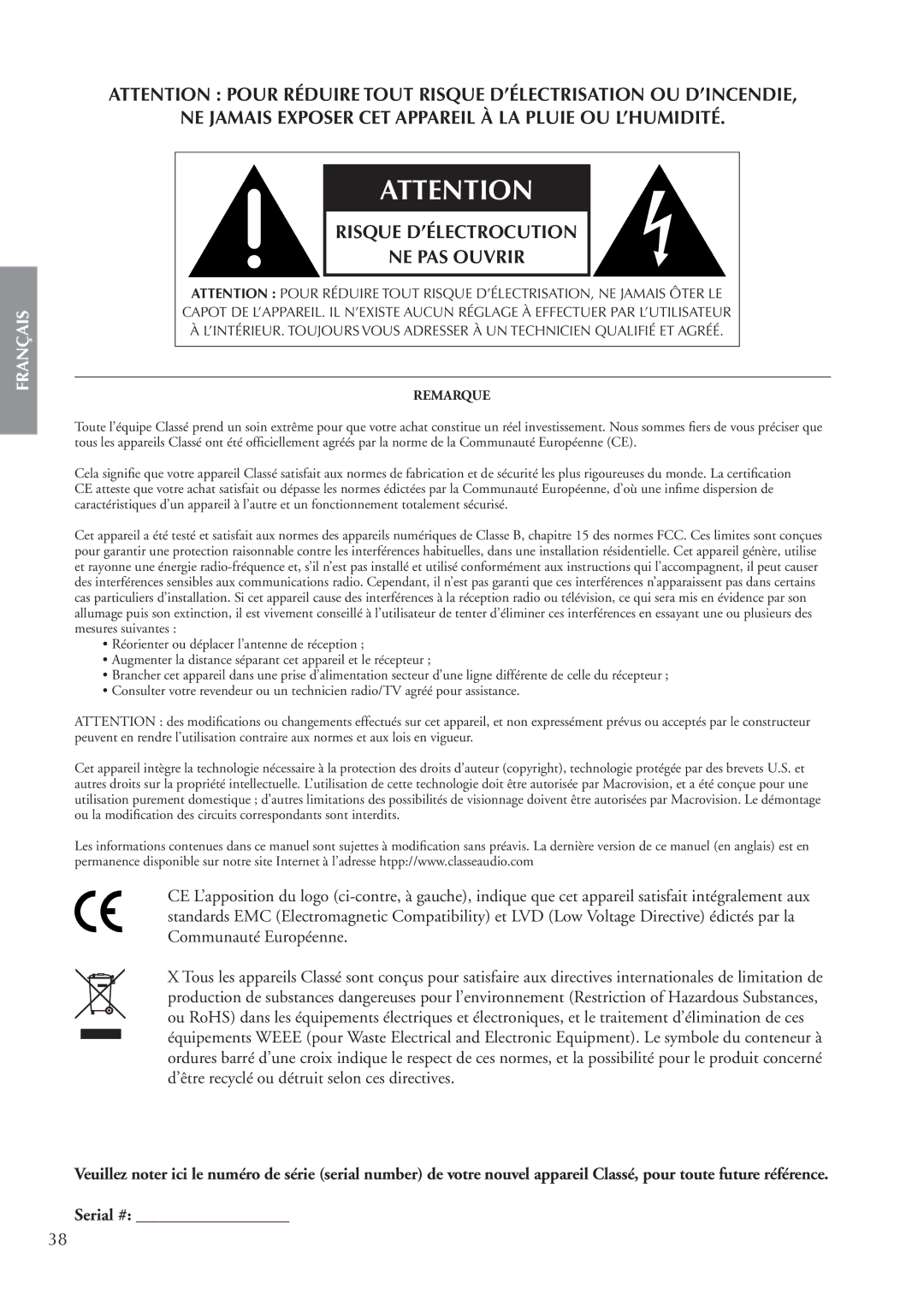 Classe Audio cp-700 owner manual NE Jamais Exposer CET Appareil À LA Pluie OU L’HUMIDITÉ 