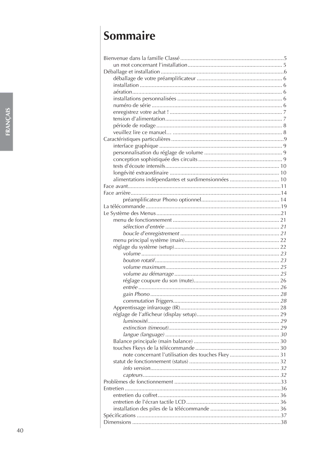 Classe Audio cp-700 owner manual Sommaire, Luminosité Extinction timeout Langue language 