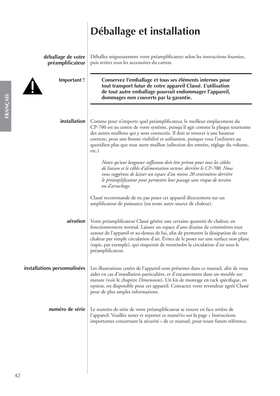 Classe Audio cp-700 owner manual Déballage et installation 