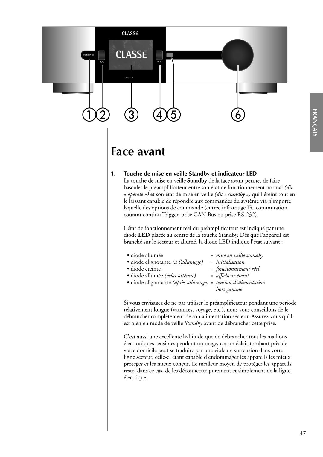 Classe Audio cp-700 Face avant, Touche de mise en veille Standby et indicateur LED, Initialisation, Afﬁcheur éteint 