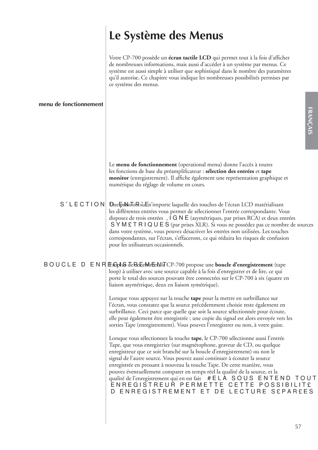 Classe Audio cp-700 owner manual Le Système des Menus, Sélection d’entrée Boucle d’enregistrement 