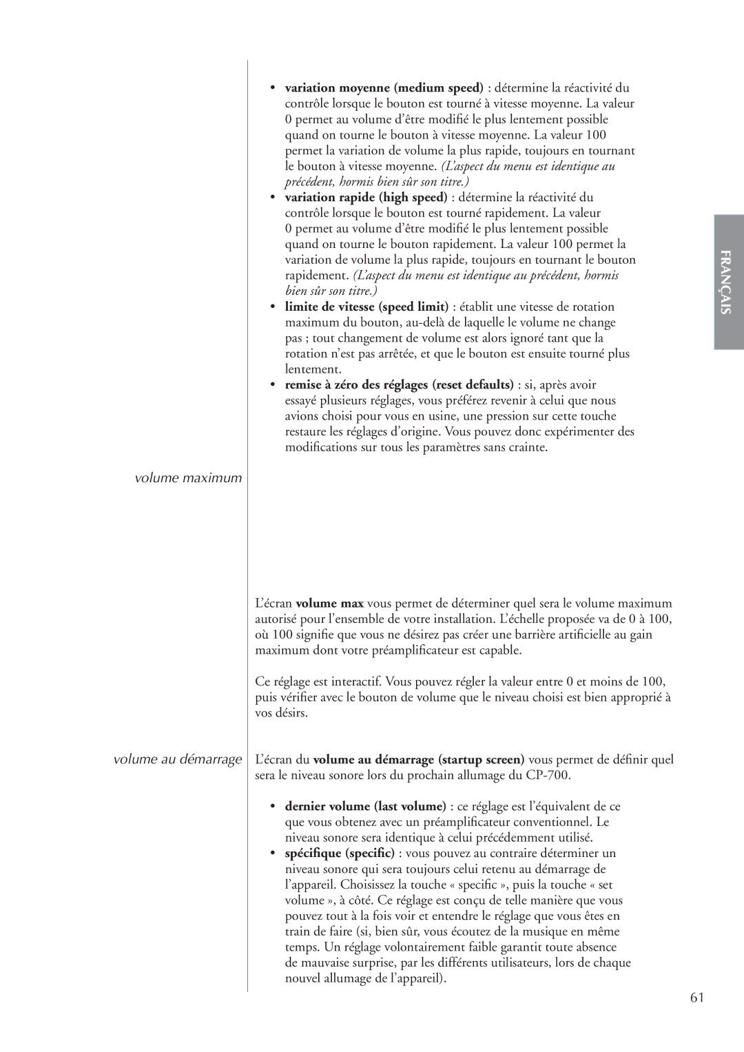 Classe Audio cp-700 owner manual Volume maximum Volume au démarrage 