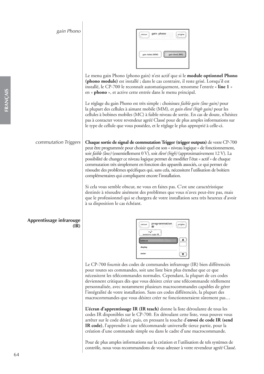 Classe Audio cp-700 owner manual Gain Phono Commutation Triggers, Apprentissage infrarouge IR 