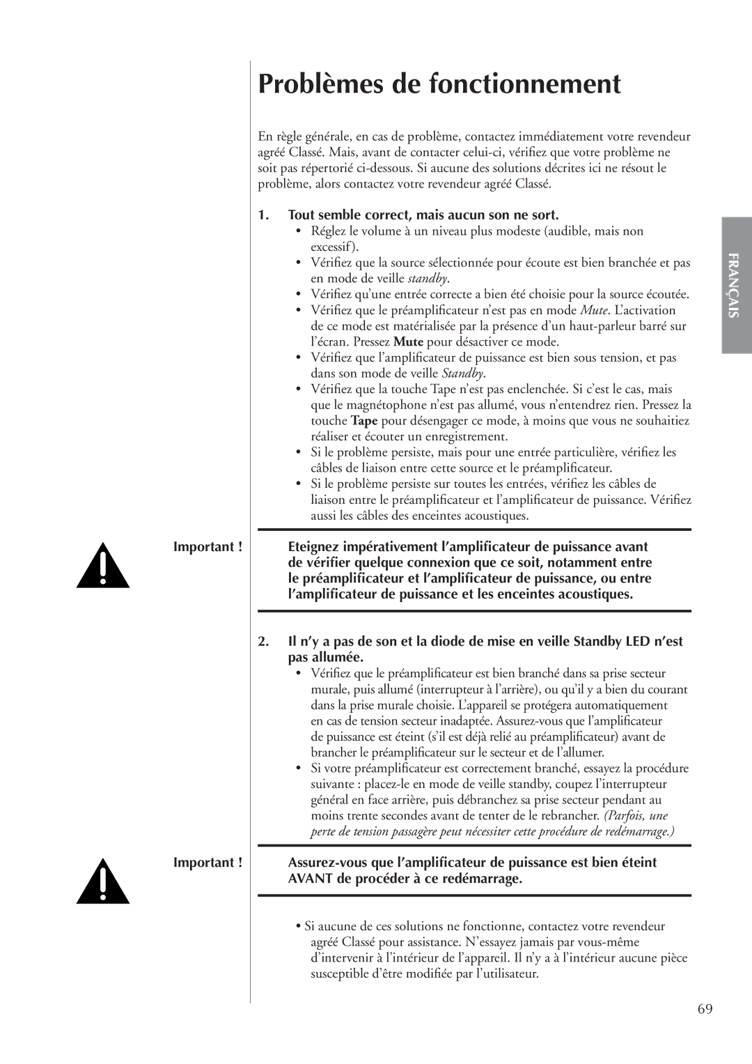 Classe Audio cp-700 owner manual Problèmes de fonctionnement, Tout semble correct, mais aucun son ne sort 