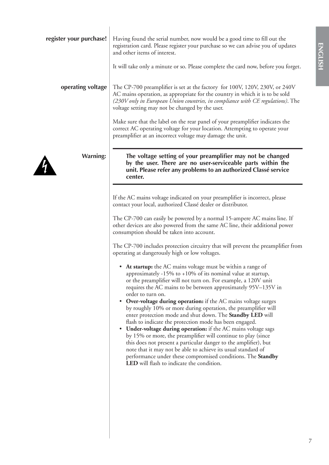 Classe Audio cp-700 owner manual Operating voltage 