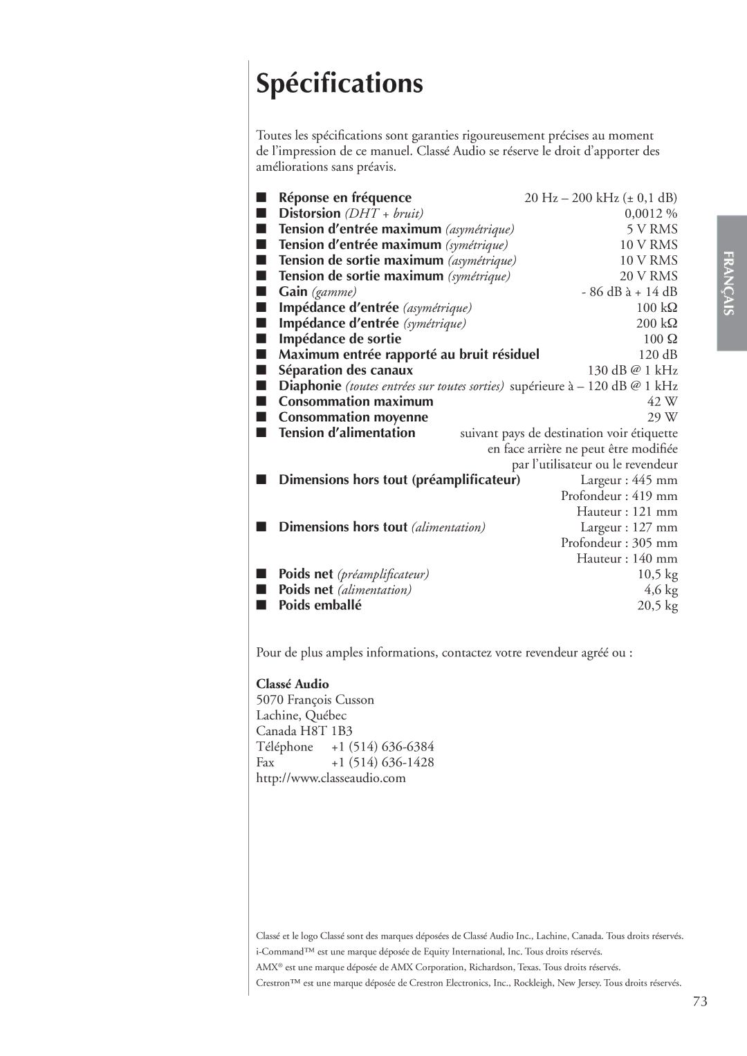 Classe Audio cp-700 owner manual Spéciﬁcations 