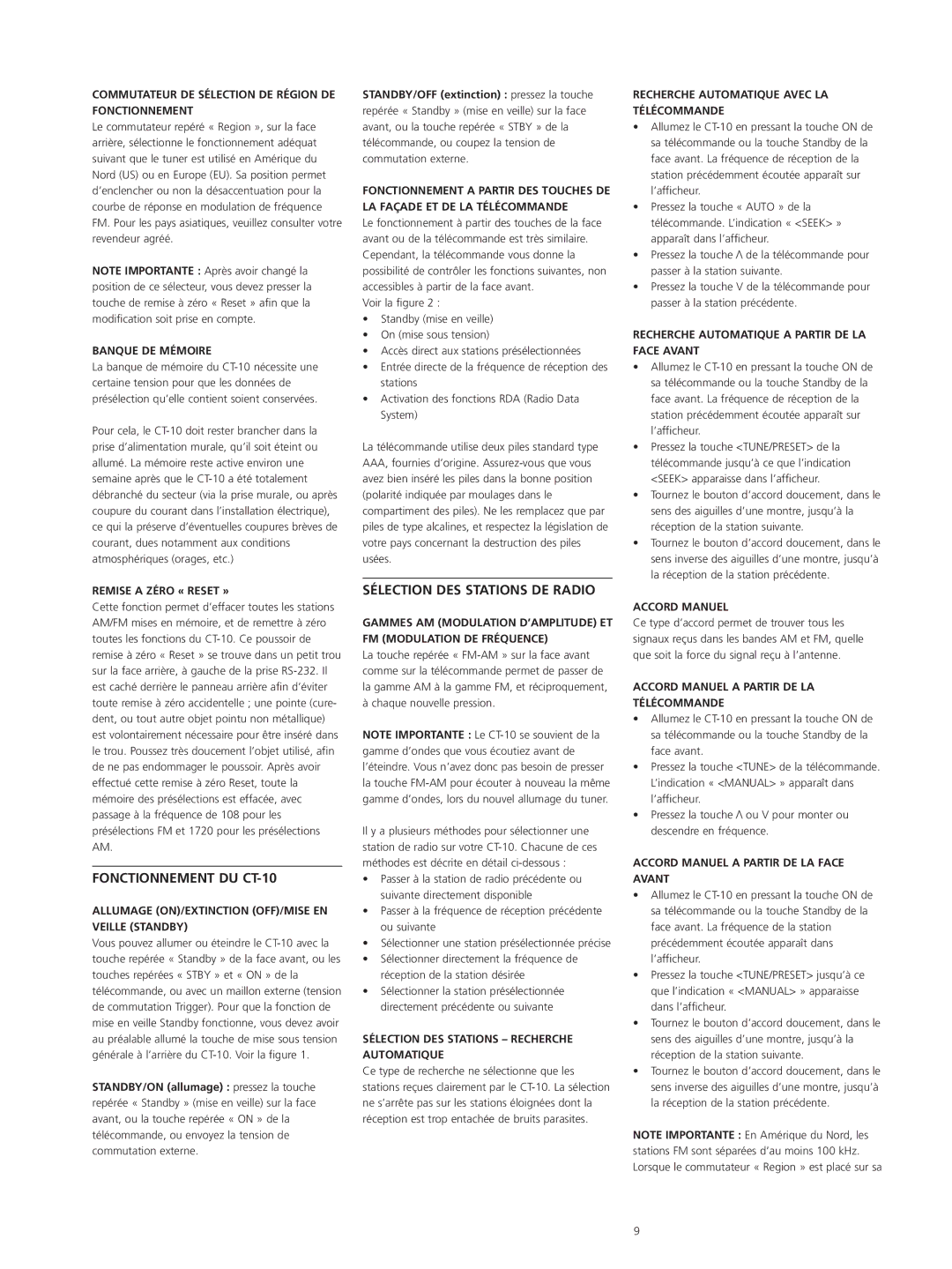 Classe Audio owner manual Fonctionnement DU CT-10, Sélection DES Stations DE Radio 