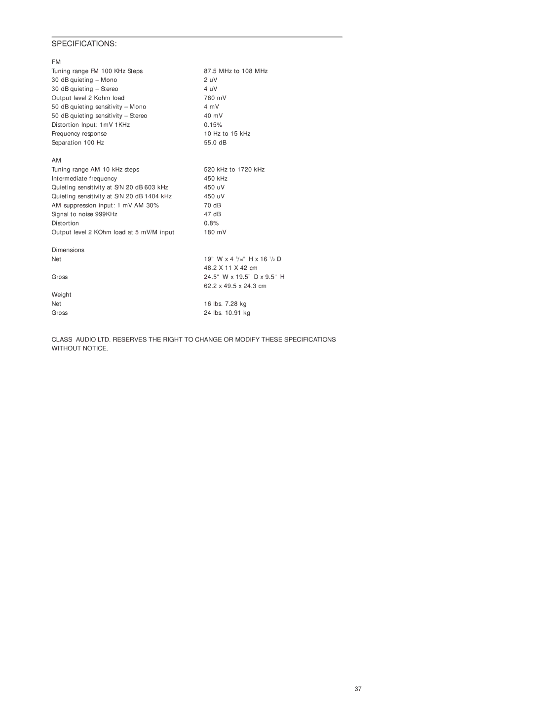 Classe Audio CT-10 owner manual Specifications, Dimensions, Weight 