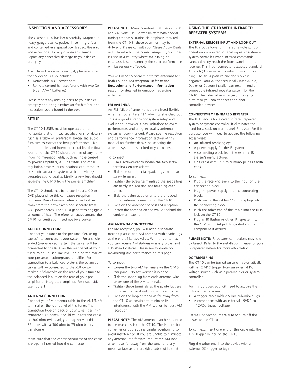 Classe Audio owner manual Inspection and Accessories, Setup, Using the CT-10 with Infrared Repeater Systems 