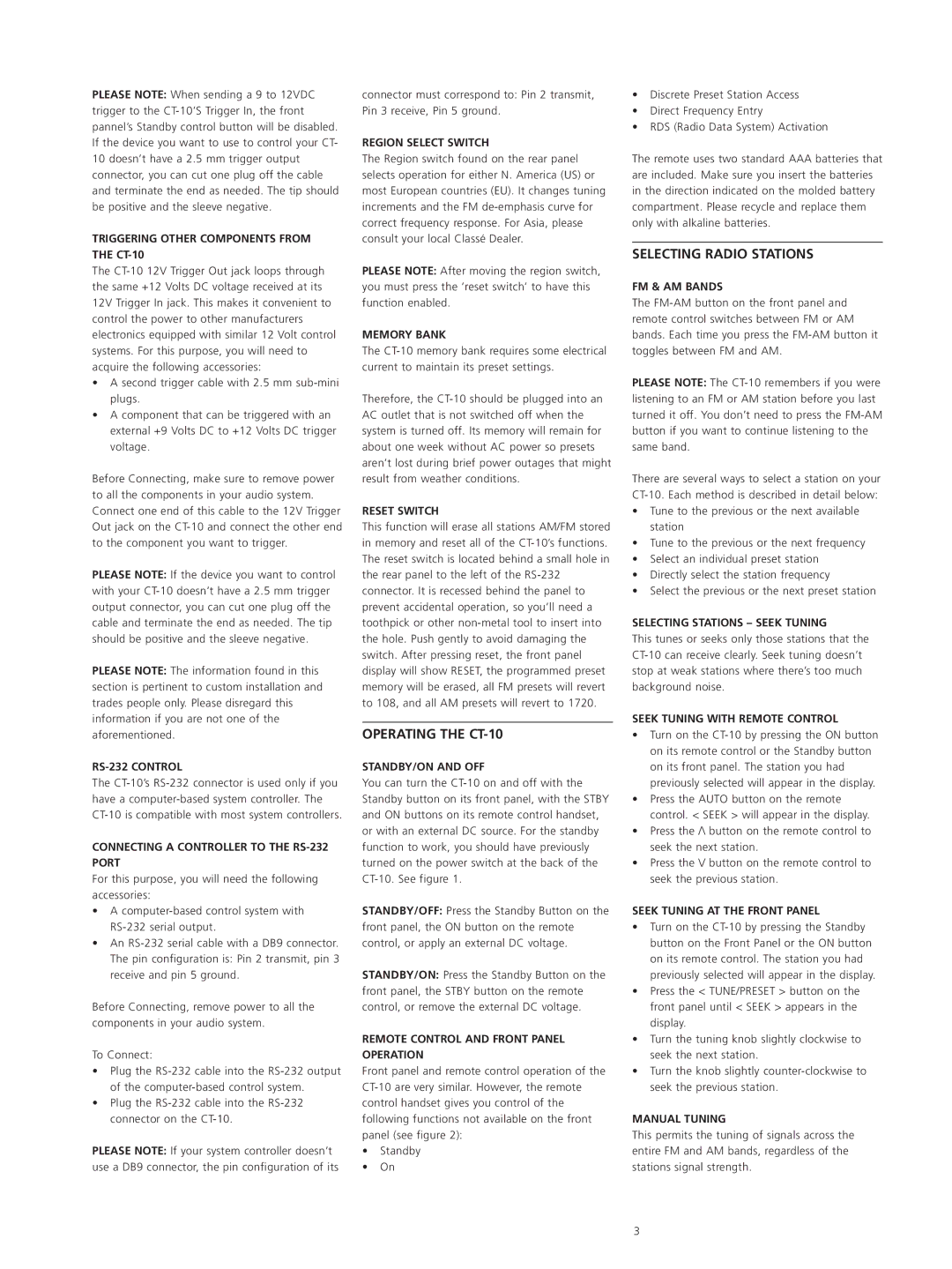 Classe Audio owner manual Operating the CT-10, Selecting Radio Stations 