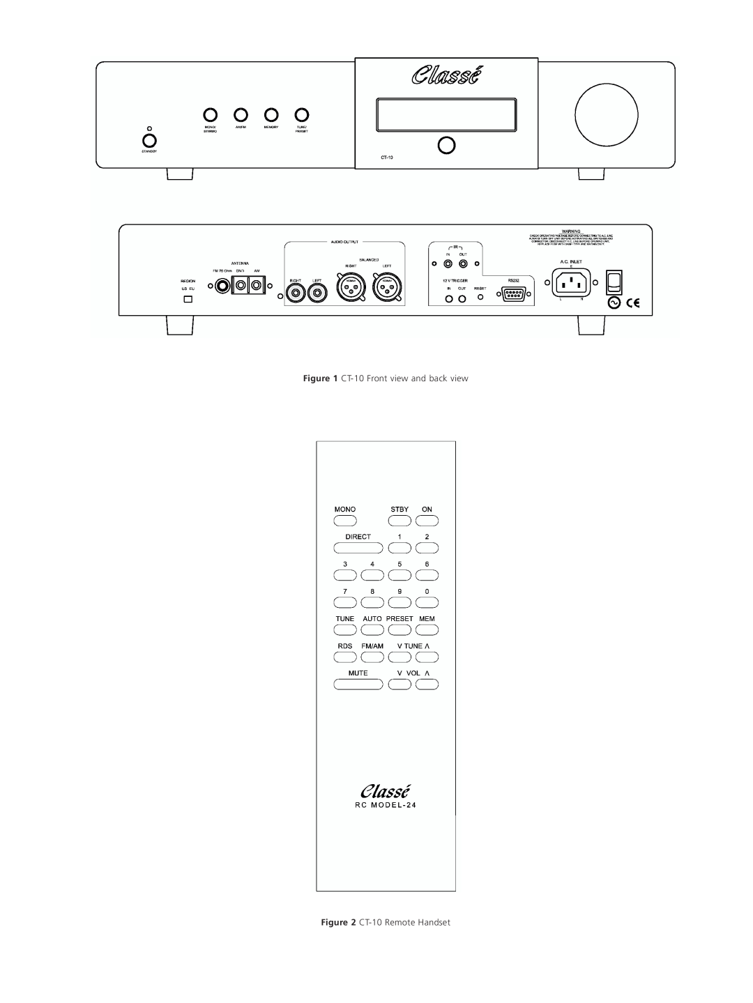 Classe Audio owner manual CT-10Front view and back view, CT-10Remote Handset 