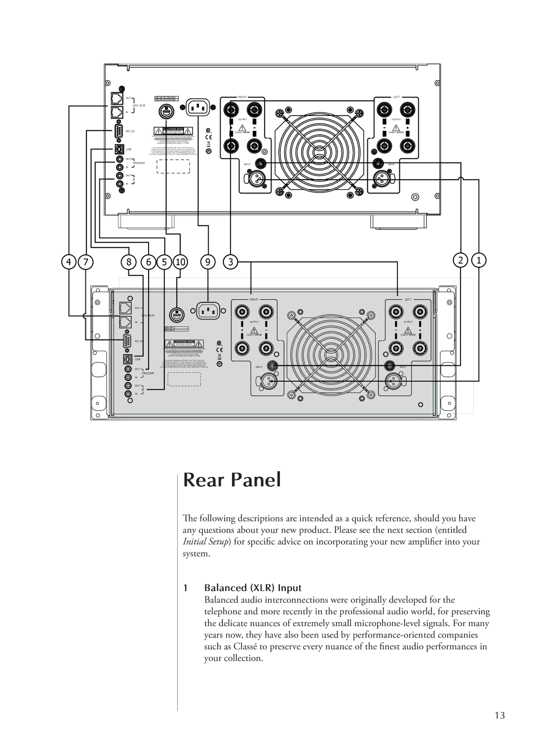 Classe Audio CA-2300, CT-2300 owner manual Rear Panel, Balanced XLR Input 