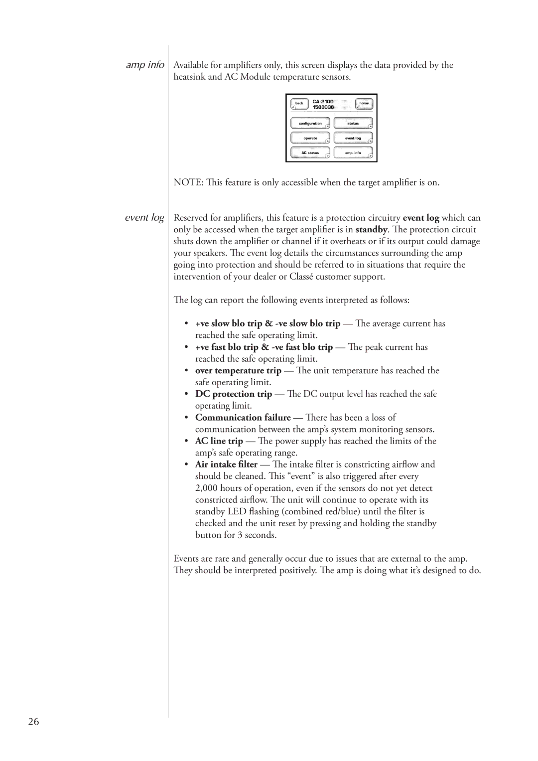 Classe Audio CT-2300, CA-2300 owner manual Amp info Event log 