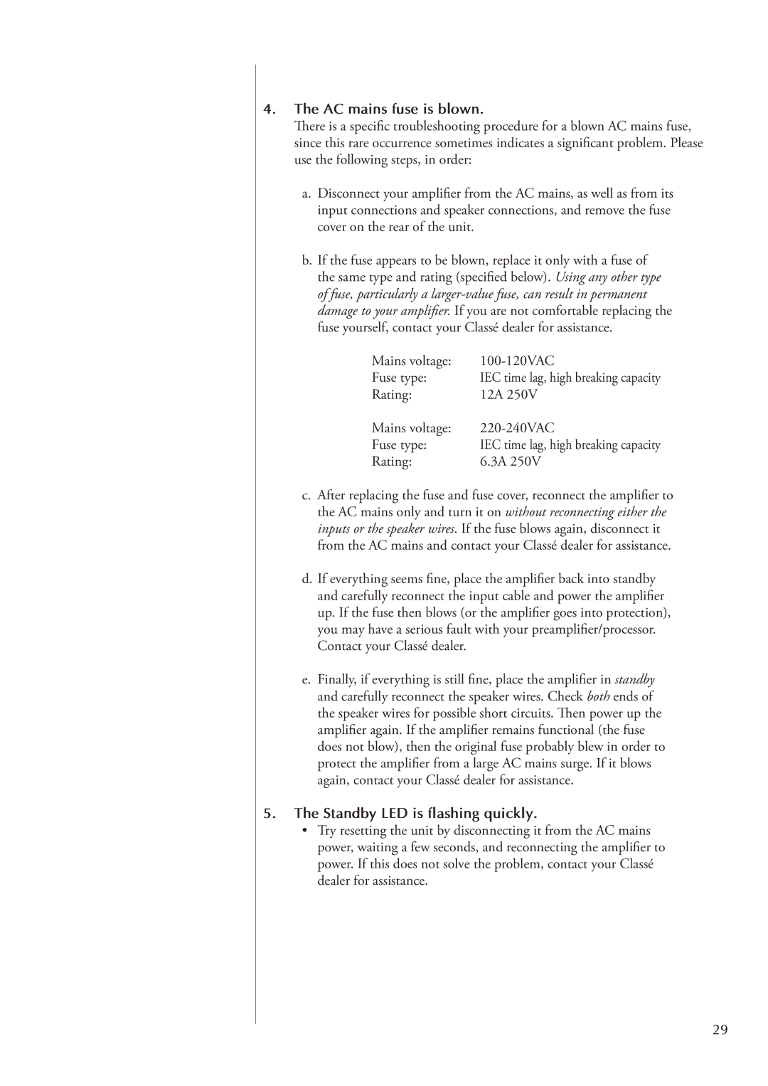 Classe Audio CA-2300, CT-2300 owner manual AC mains fuse is blown, Standby LED is flashing quickly 