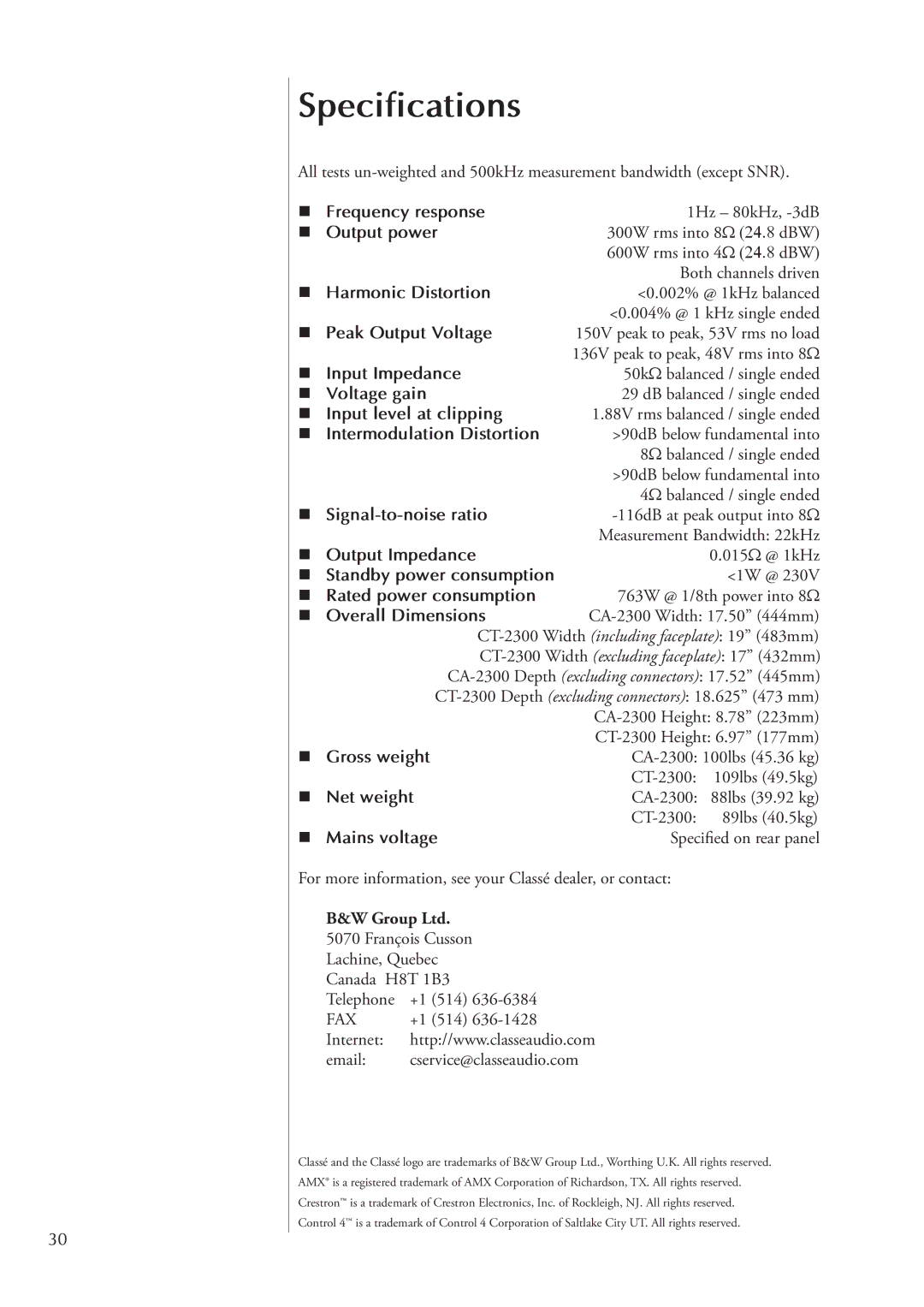 Classe Audio CT-2300, CA-2300 owner manual Specifications 