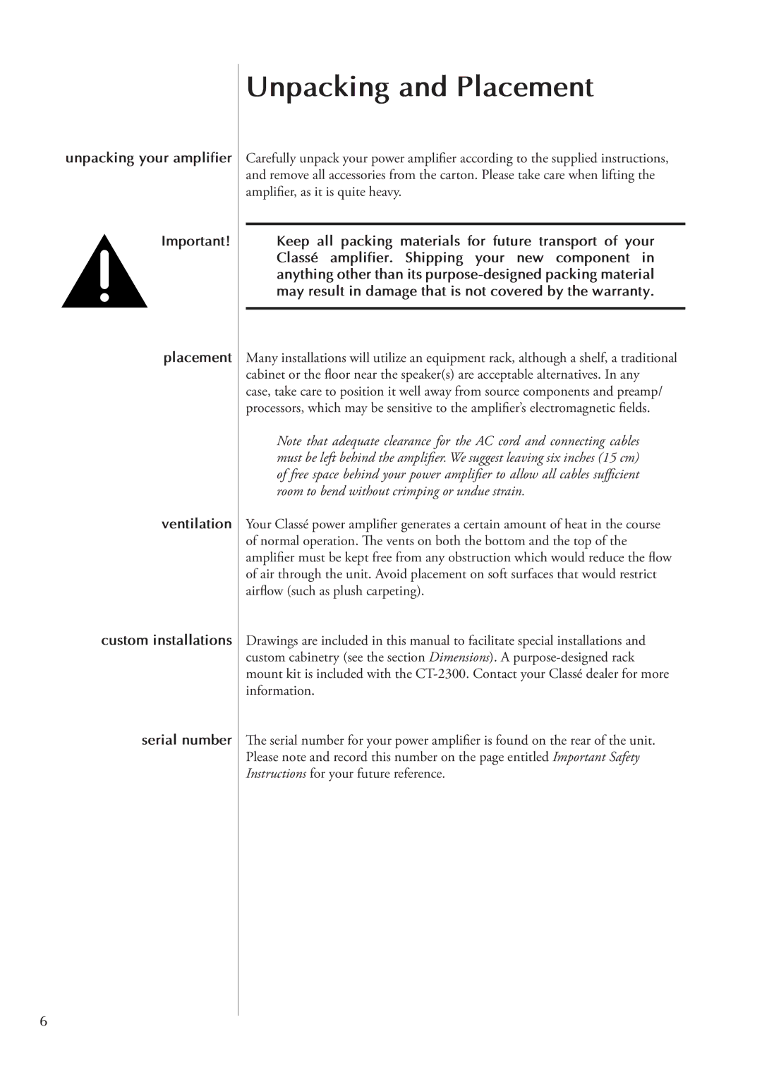 Classe Audio CT-2300, CA-2300 owner manual Unpacking and Placement 