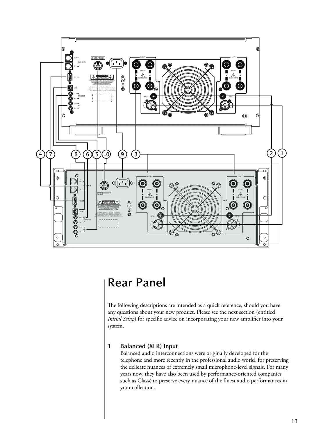Classe Audio CA-2300, CT-2300 owner manual Rear Panel, 1Balanced XLR Input 