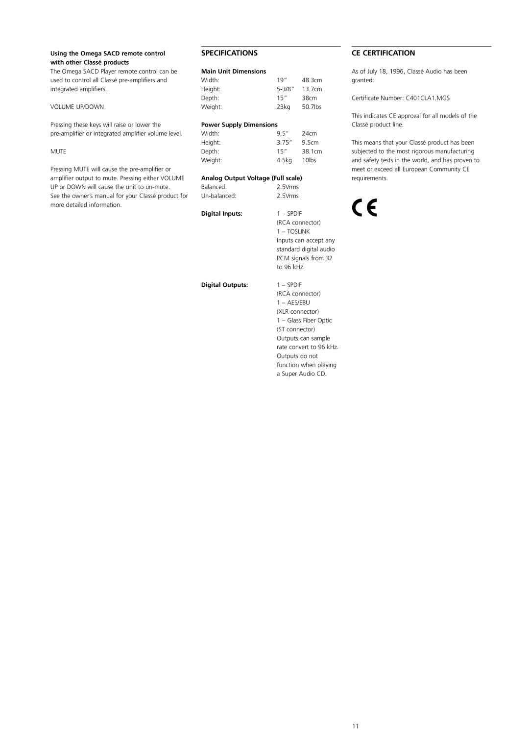 Classe Audio Omega Super Audio owner manual Specifications CE Certification 