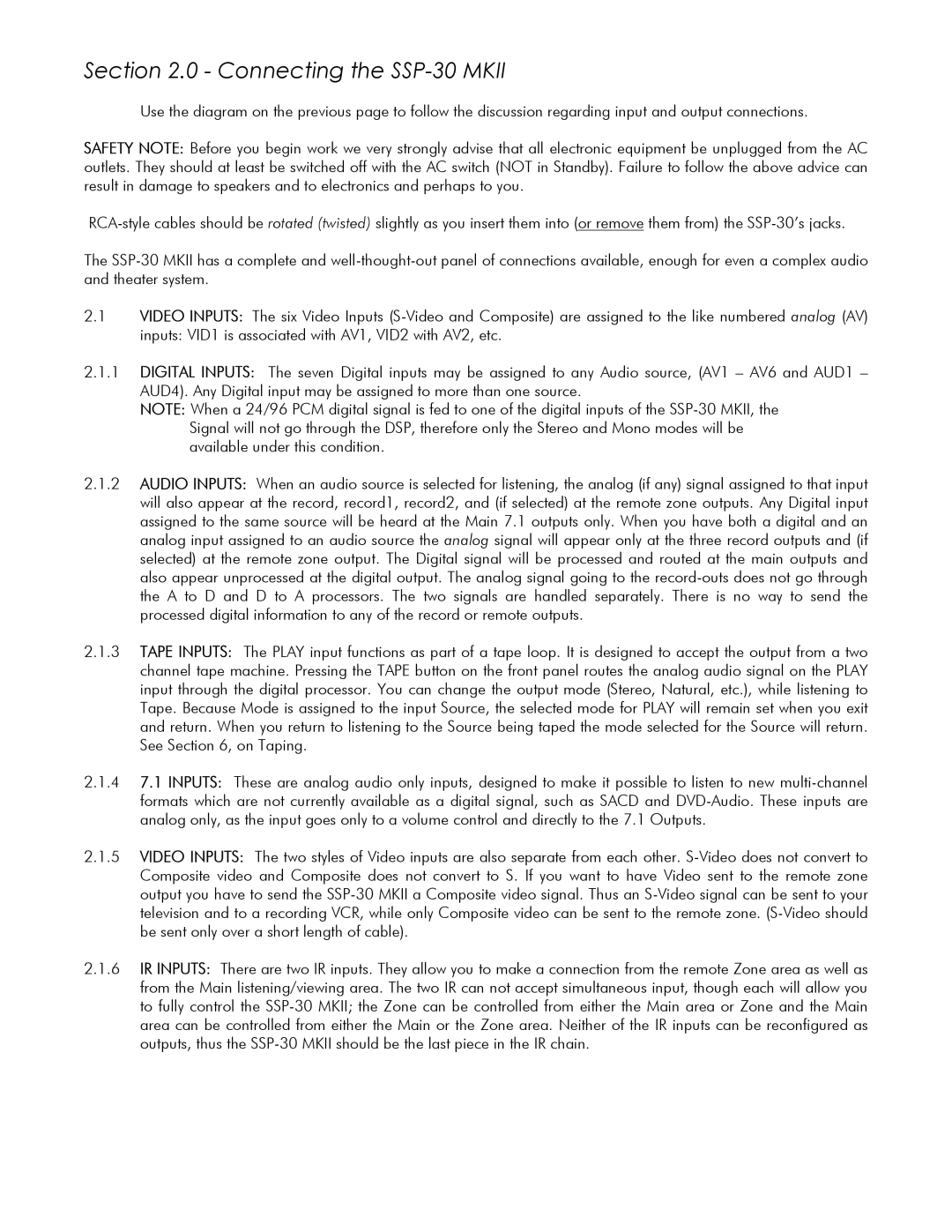 Classe Audio SSP-30 MKII owner manual Connecting the SSP-30 Mkii 