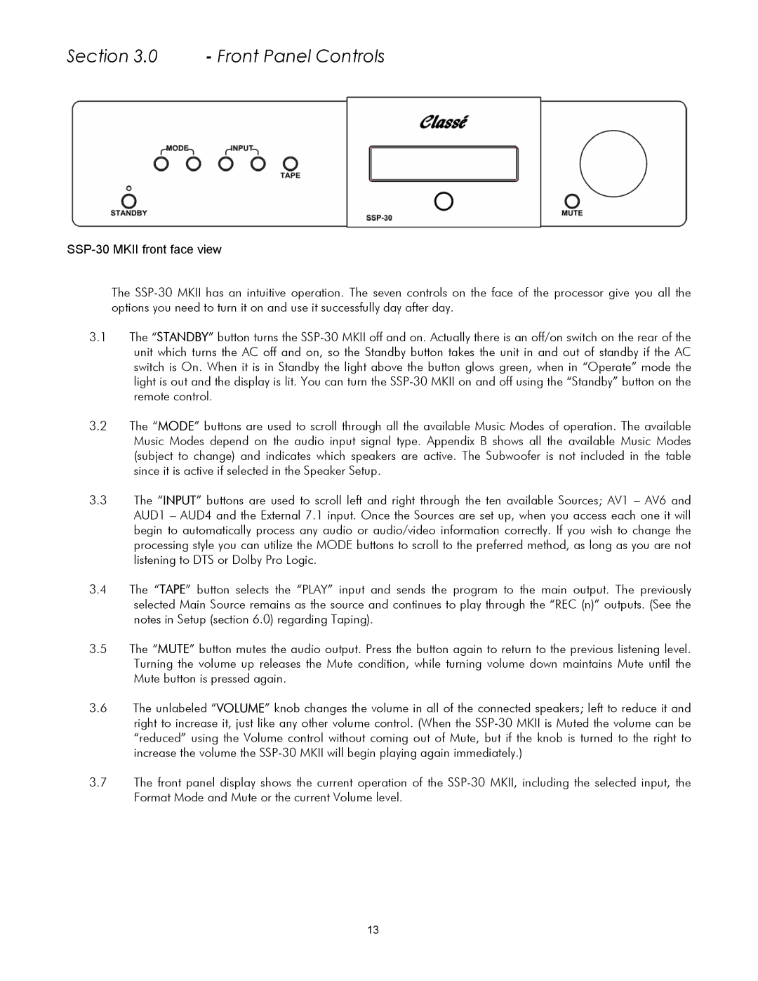 Classe Audio SSP-30 MKII owner manual Front Panel Controls 