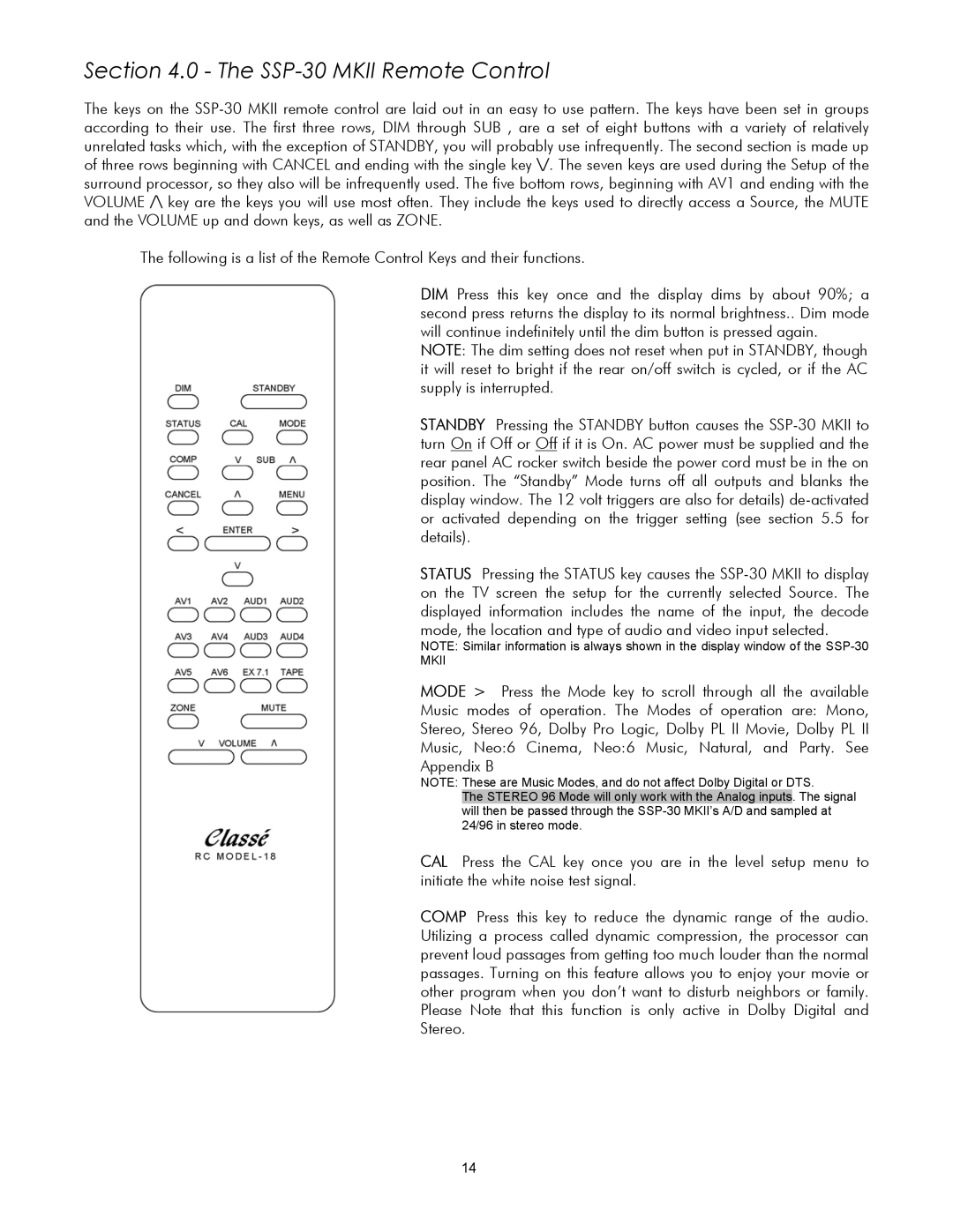 Classe Audio SSP-30 MKII owner manual SSP-30 Mkii Remote Control 