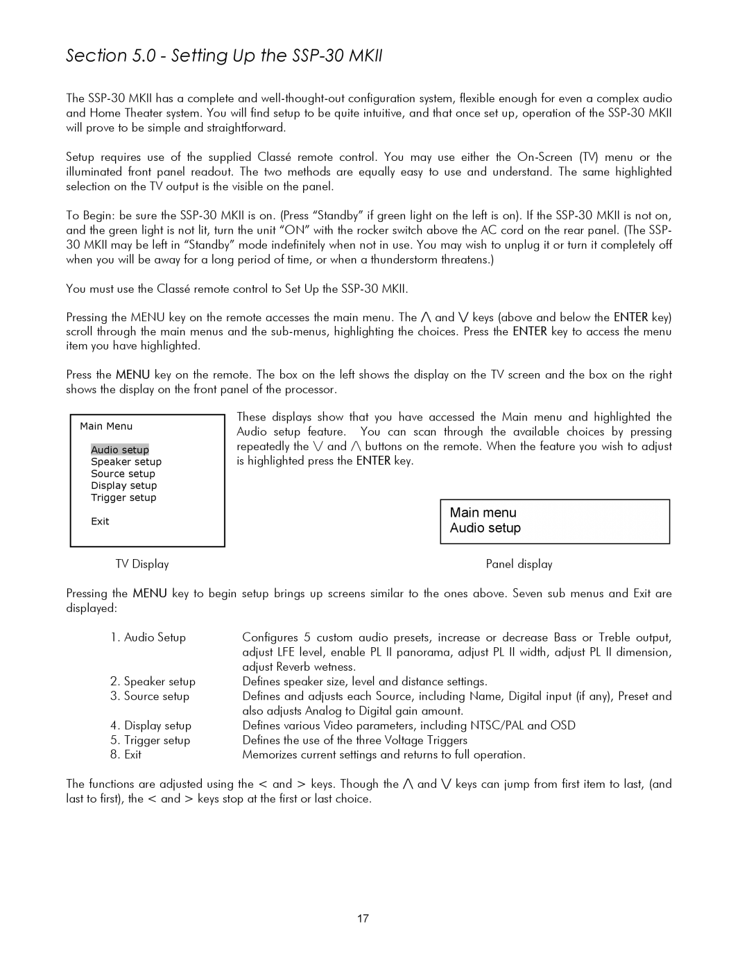 Classe Audio SSP-30 MKII owner manual Setting Up the SSP-30 Mkii, Main menu Audio setup 