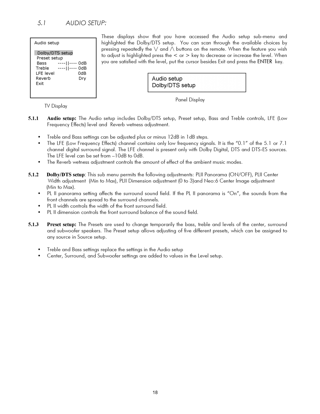 Classe Audio SSP-30 MKII owner manual Audio Setup, Audio setup Dolby/DTS setup 