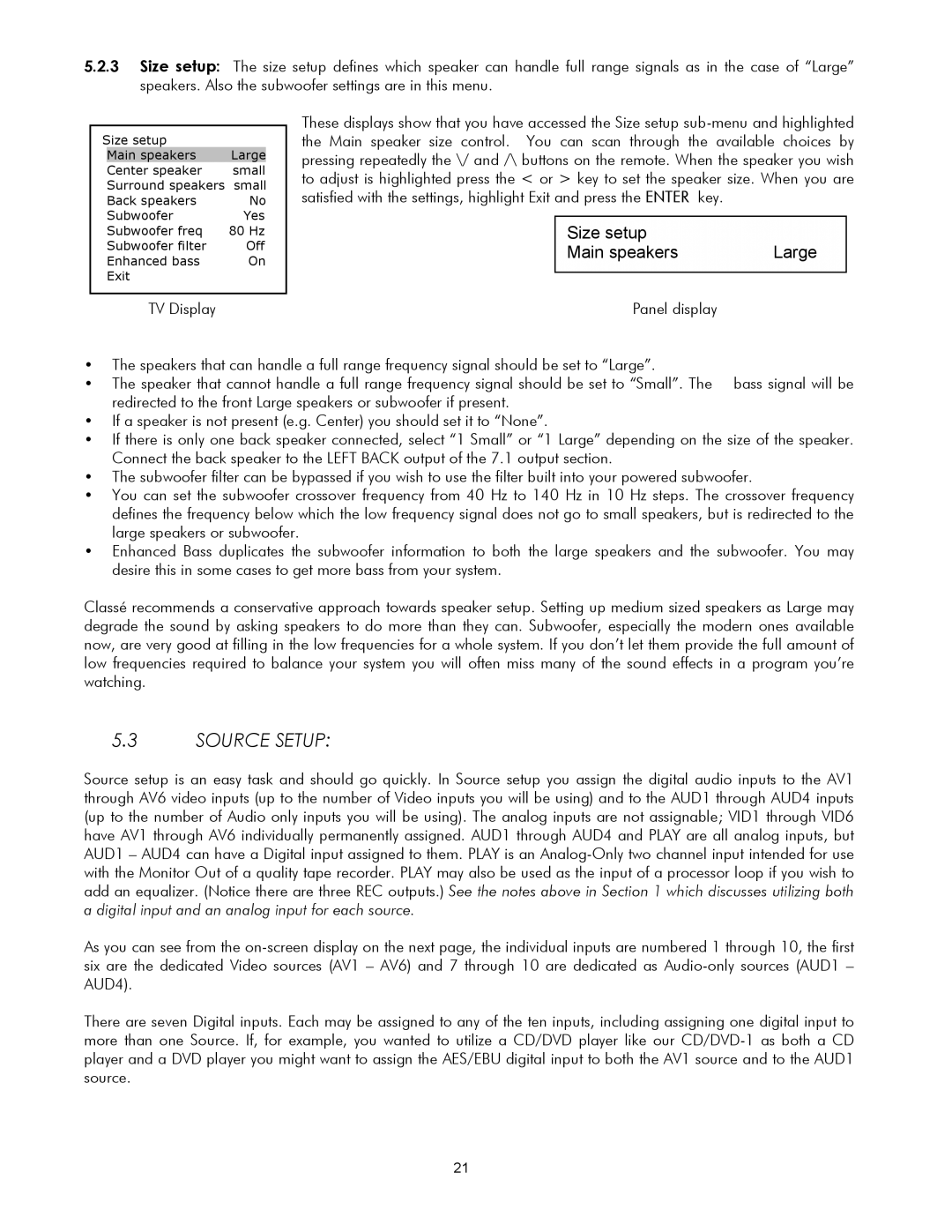 Classe Audio SSP-30 MKII owner manual Source Setup, Size setup Main speakers Large 