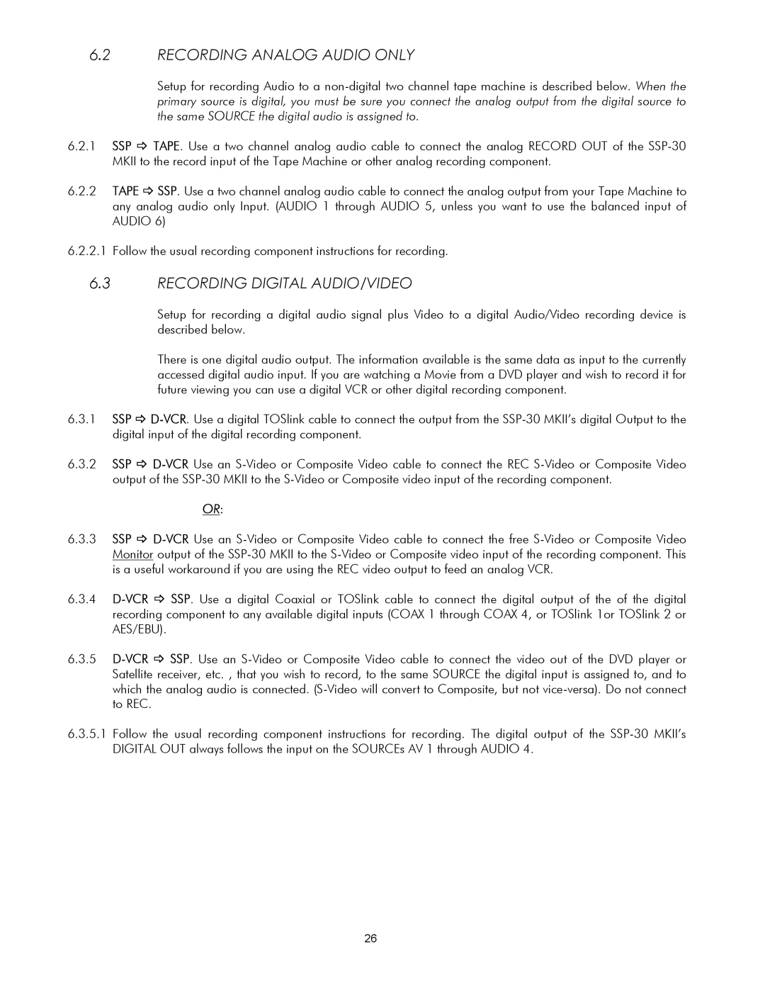 Classe Audio SSP-30 MKII owner manual Recording Analog Audio only, Recording Digital AUDIO/VIDEO 