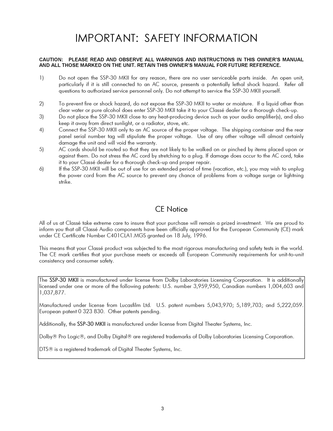 Classe Audio SSP-30 MKII owner manual Important Safety Information 