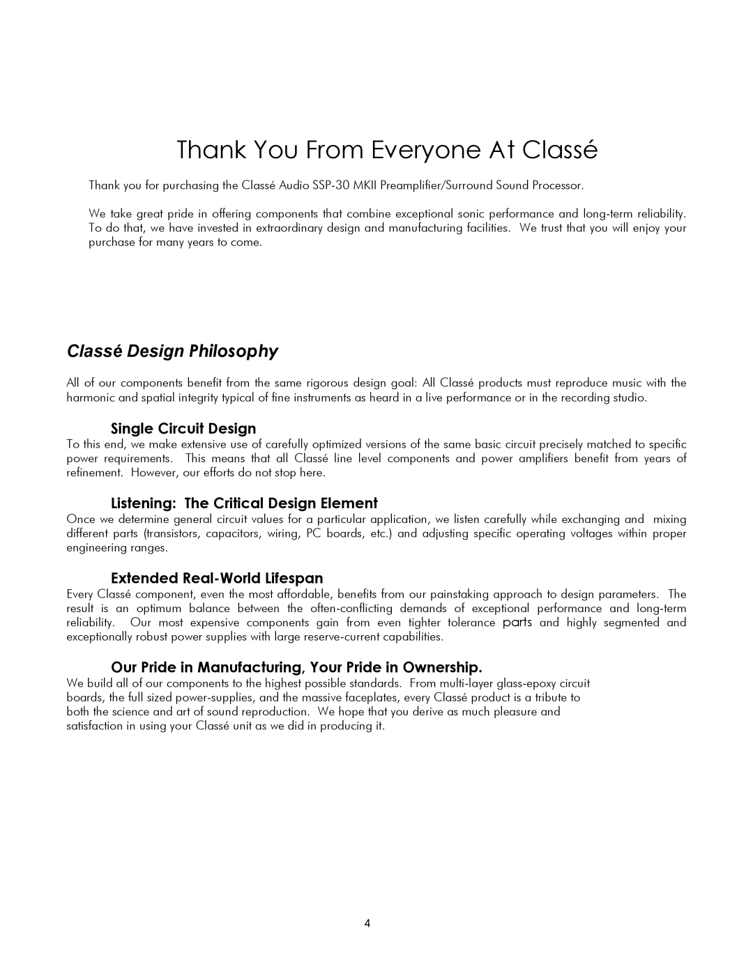 Classe Audio SSP-30 MKII owner manual Thank You From Everyone At Classé 