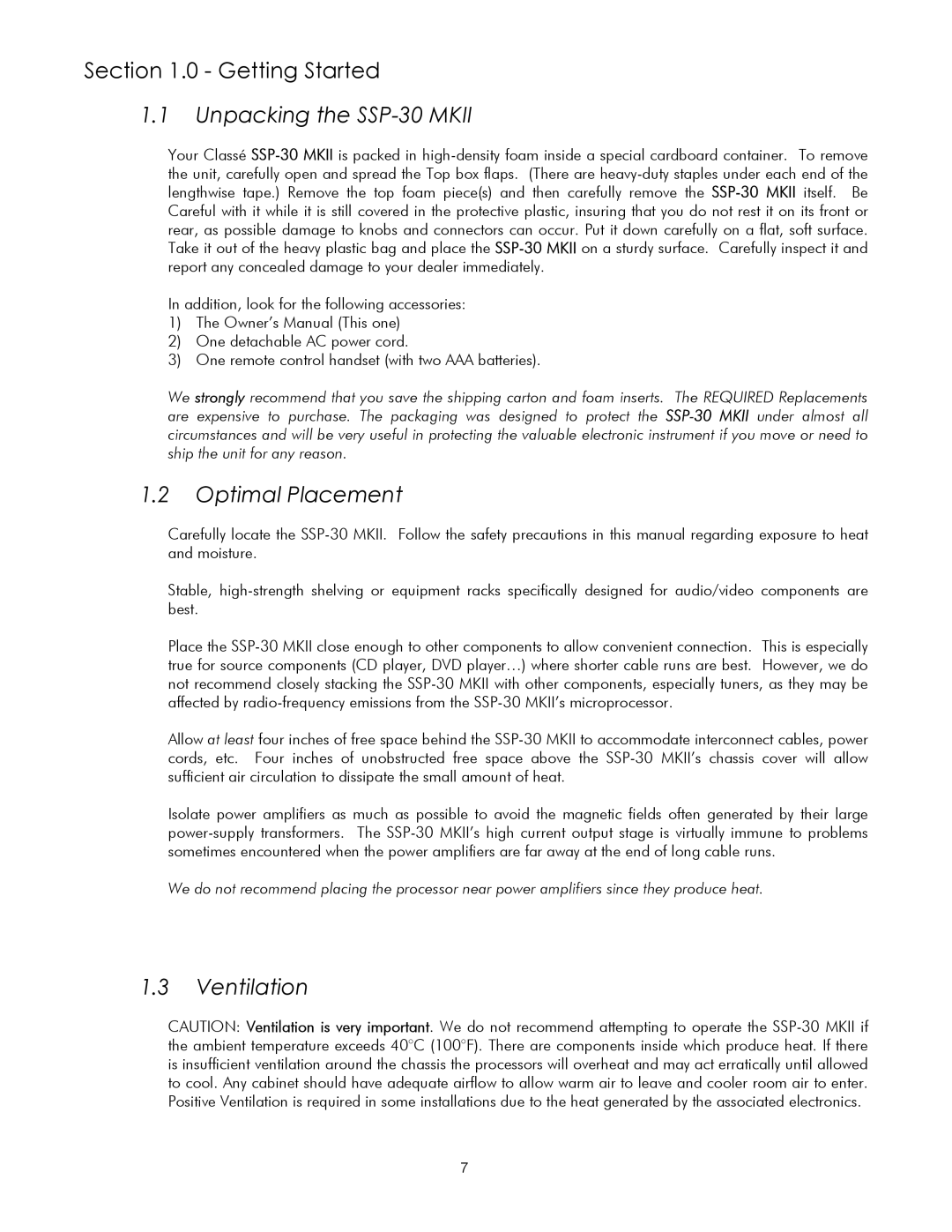 Classe Audio SSP-30 MKII owner manual Unpacking the SSP-30 Mkii, Optimal Placement, Ventilation 