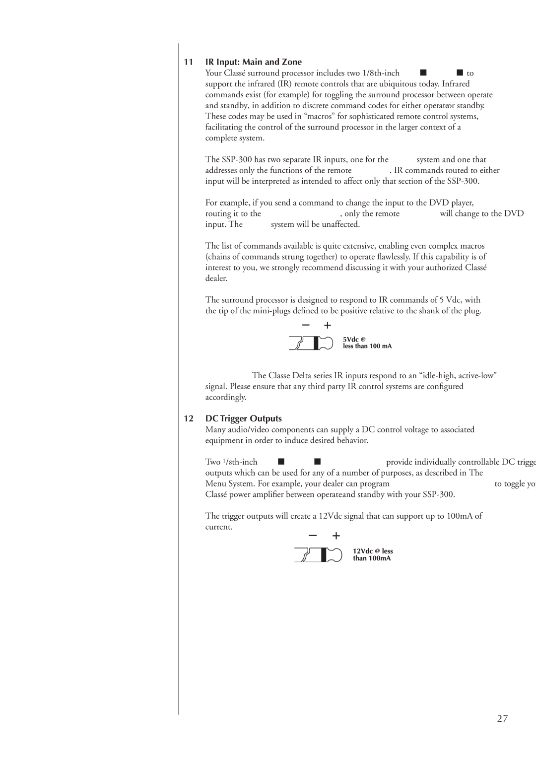 Classe Audio SSP-300 owner manual IR Input Main and Zone, DC Trigger Outputs 