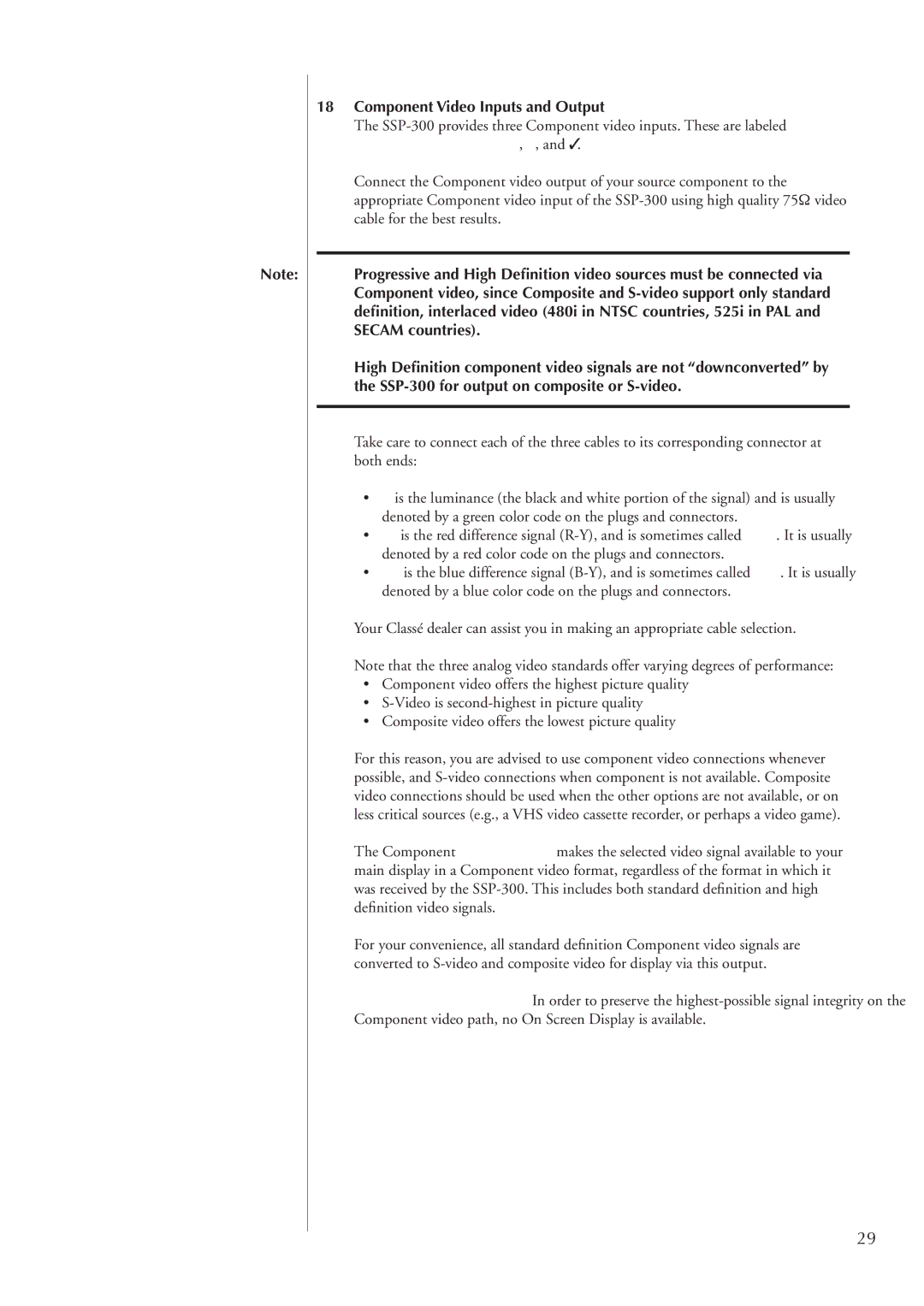 Classe Audio SSP-300 owner manual Component Video Inputs and Output 