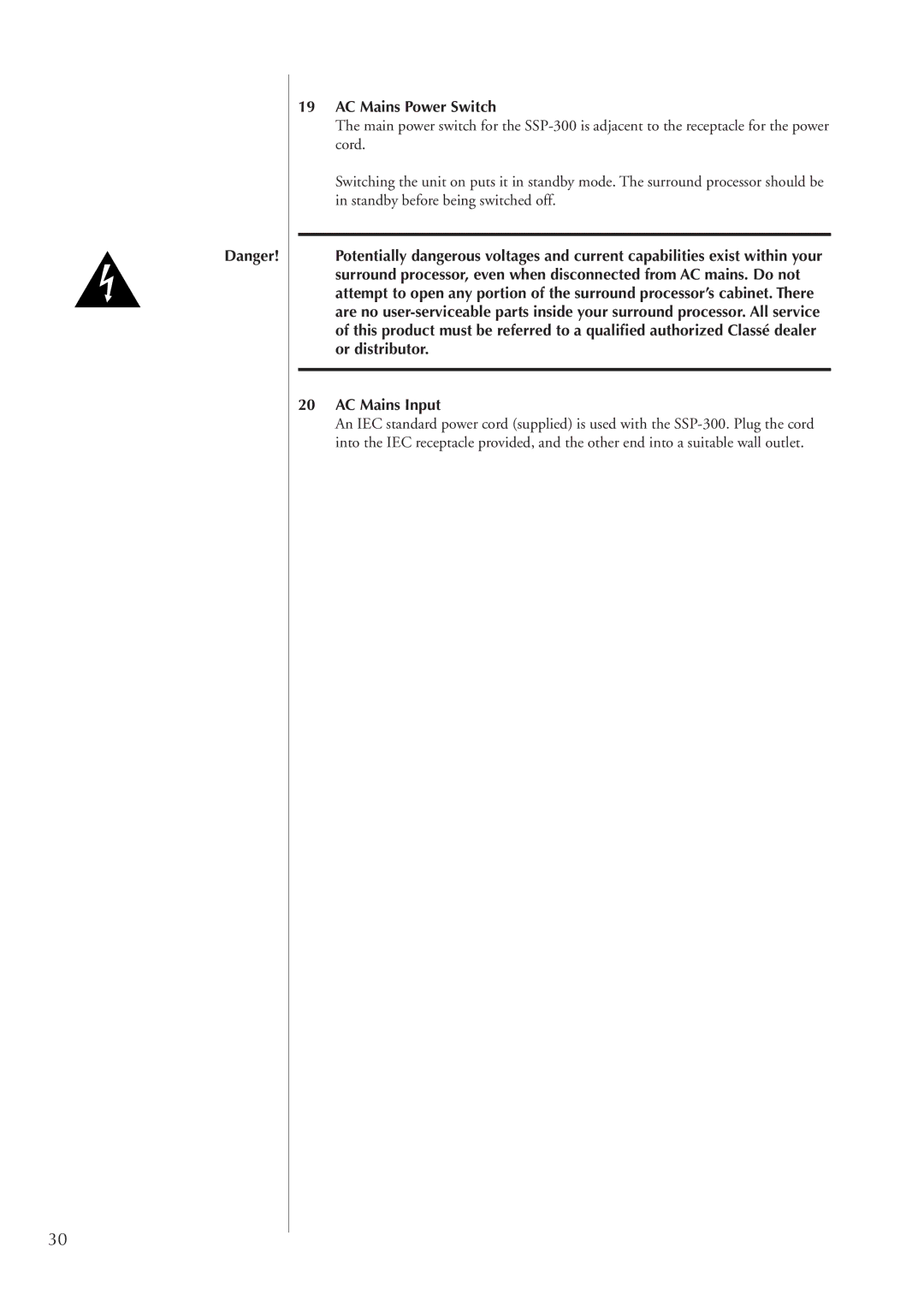 Classe Audio SSP-300 owner manual AC Mains Power Switch 