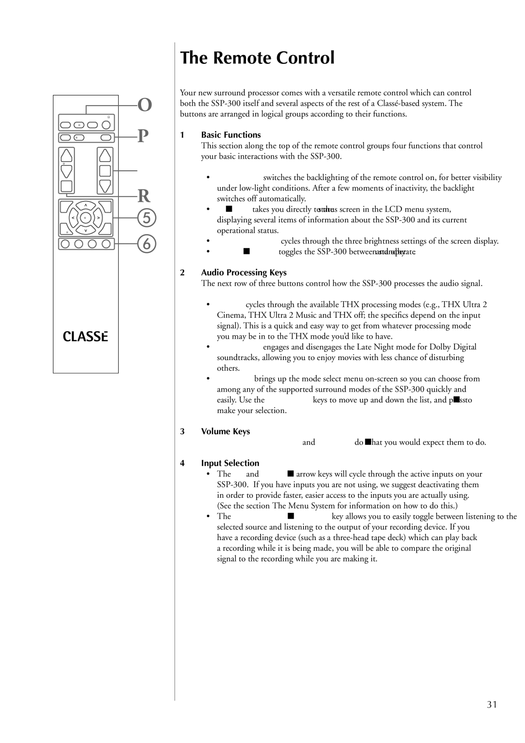 Classe Audio SSP-300 owner manual Remote Control, Basic Functions, Audio Processing Keys, Volume Keys, Input Selection 