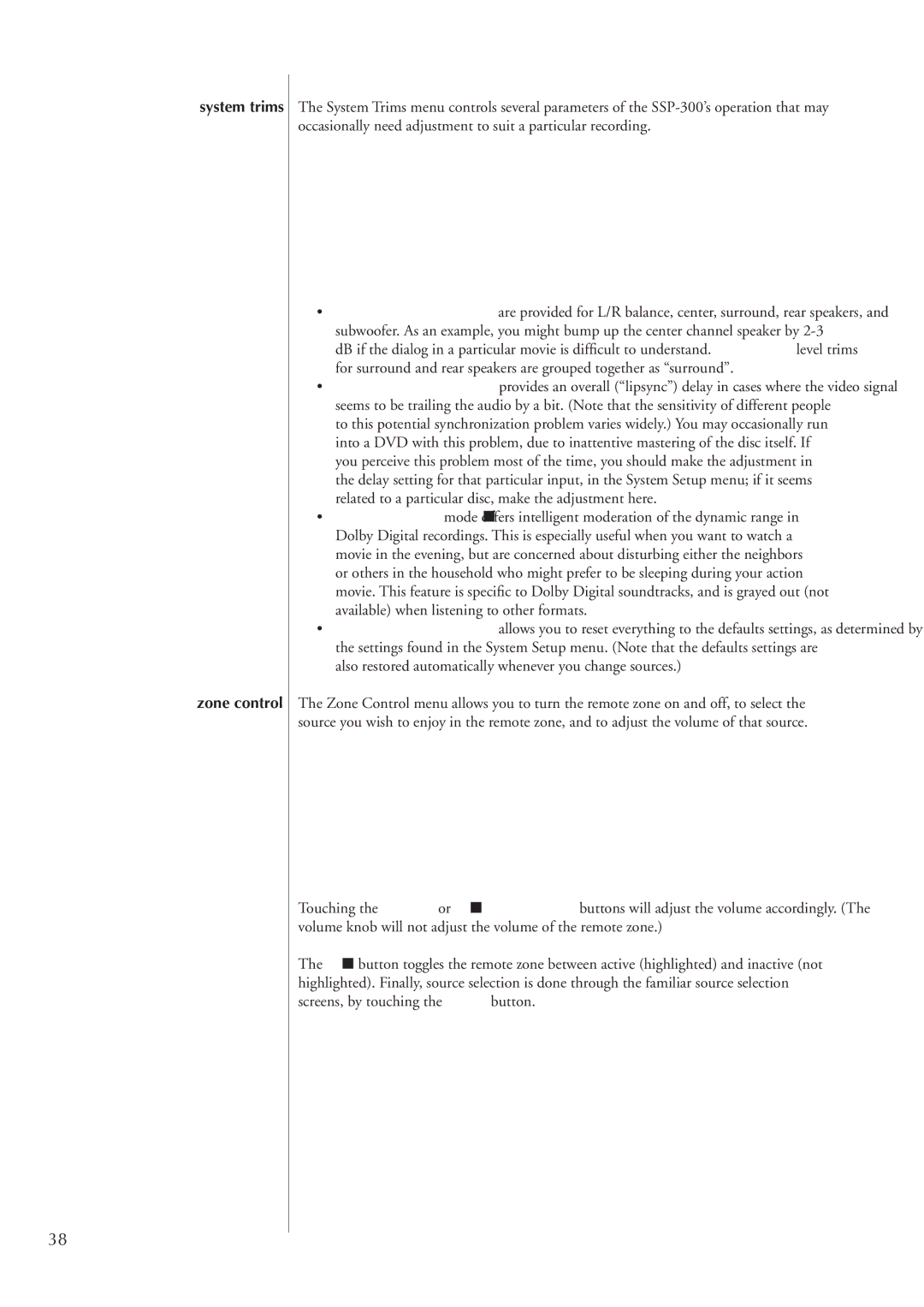 Classe Audio SSP-300 owner manual System trims Zone control 