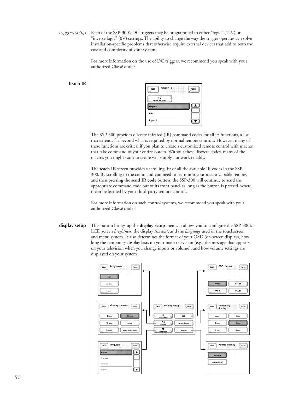 Classe Audio SSP-300 owner manual Triggers setup, Teach IR Display setup 