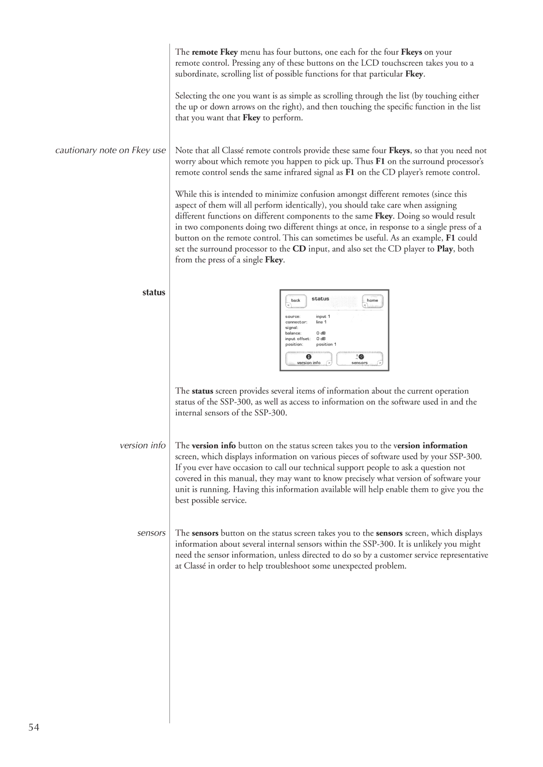 Classe Audio SSP-300 owner manual Status, Version info Sensors 