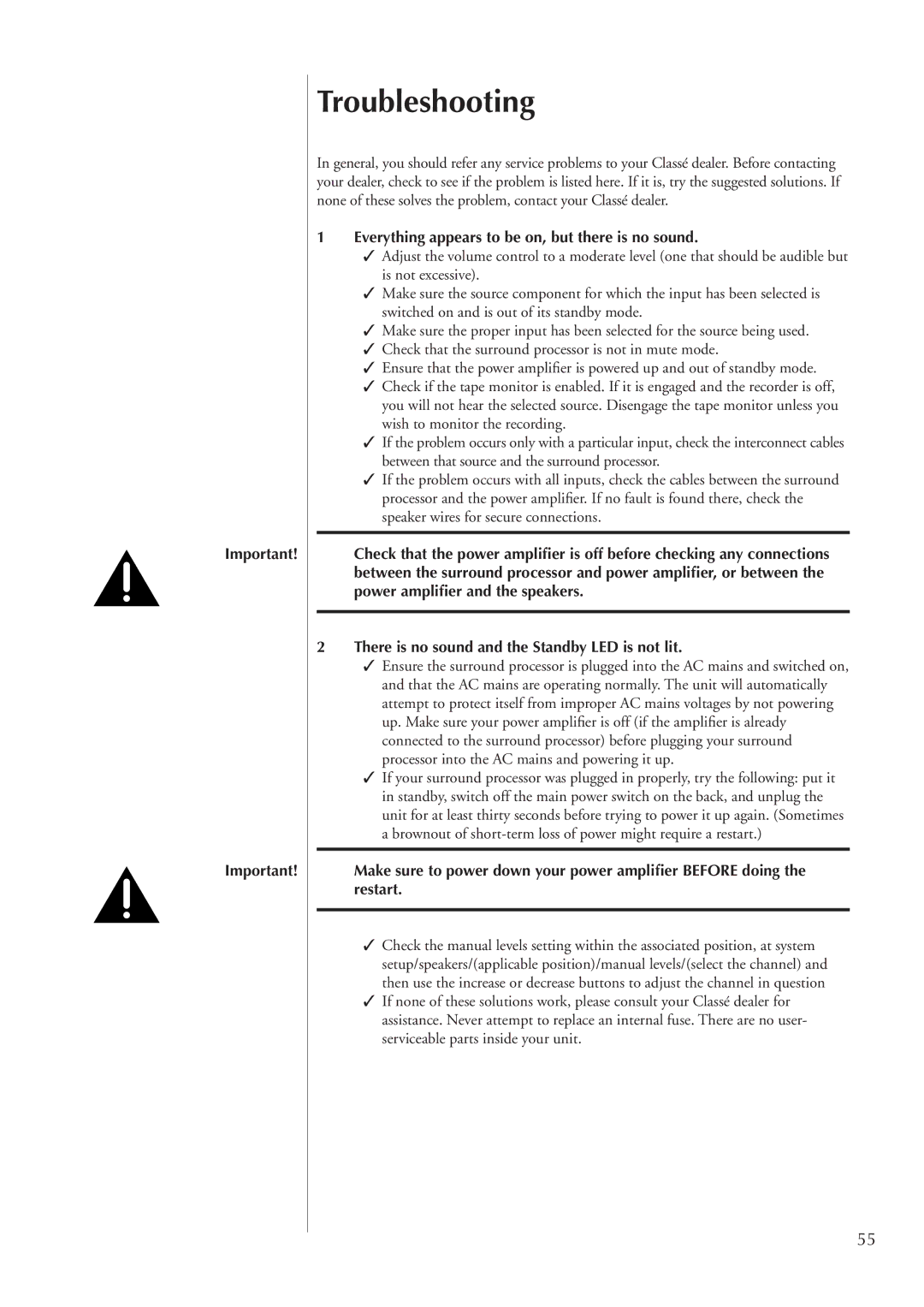 Classe Audio SSP-300 owner manual Troubleshooting, Everything appears to be on, but there is no sound 