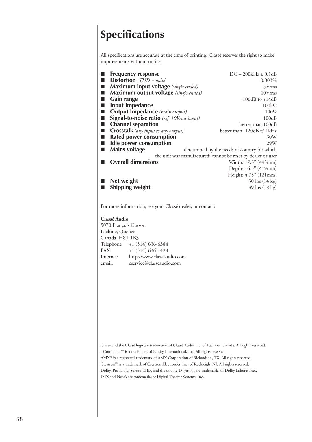 Classe Audio SSP-300 owner manual Speciﬁcations, Distortion THD + noise, Classé Audio 