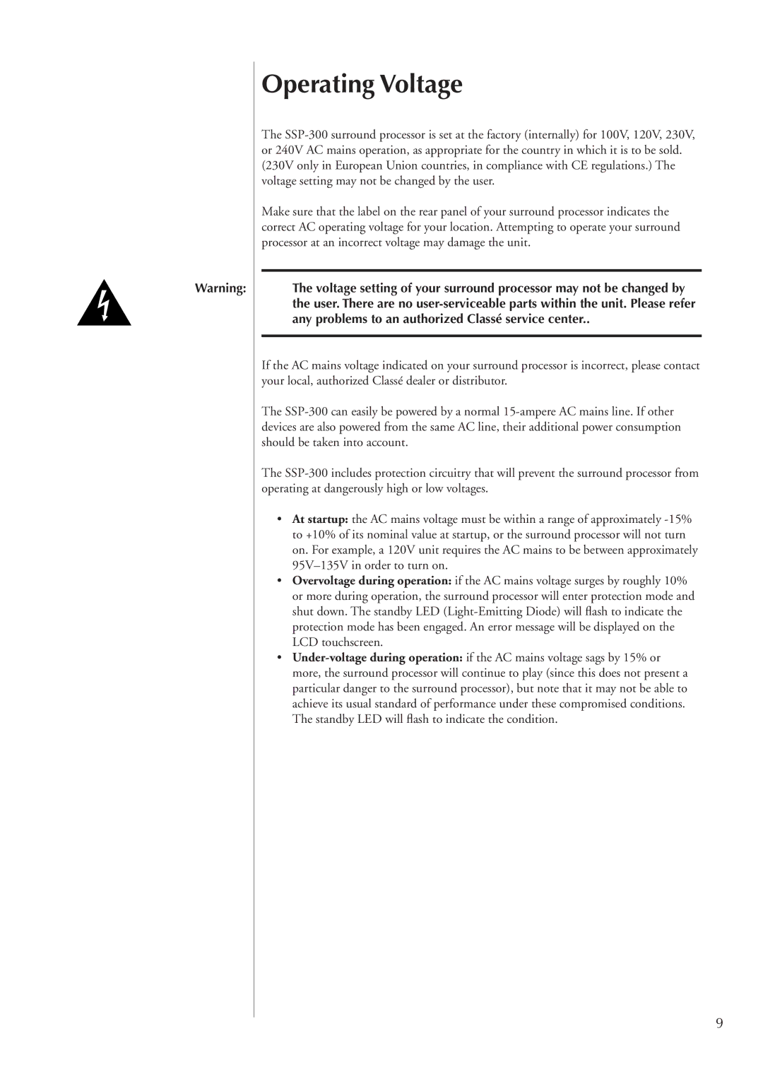 Classe Audio SSP-300 owner manual Operating Voltage 