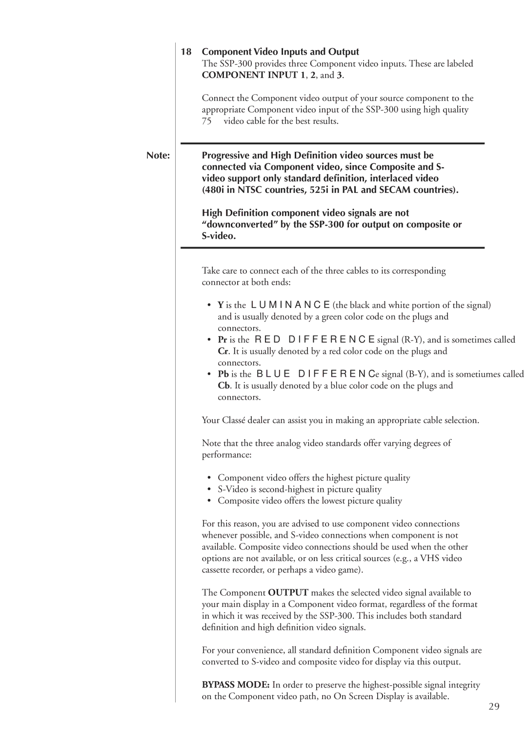 Classe Audio SSP-300 owner manual Component Video Inputs and Output 