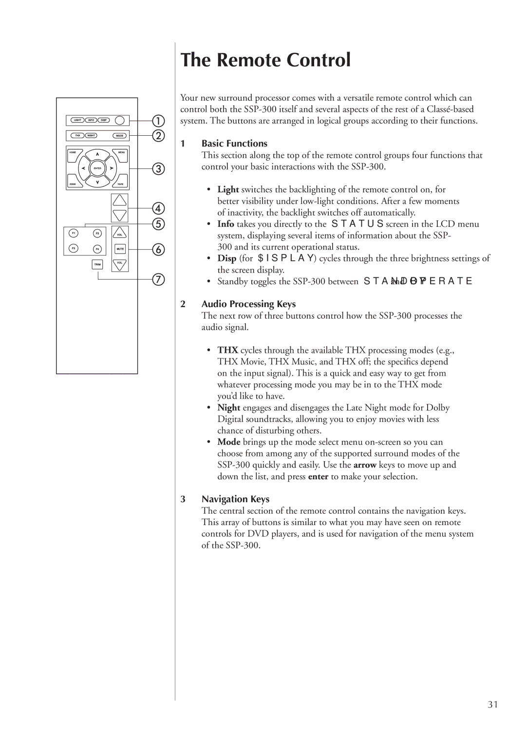 Classe Audio SSP-300 owner manual Remote Control, Basic Functions, Audio Processing Keys, Navigation Keys 