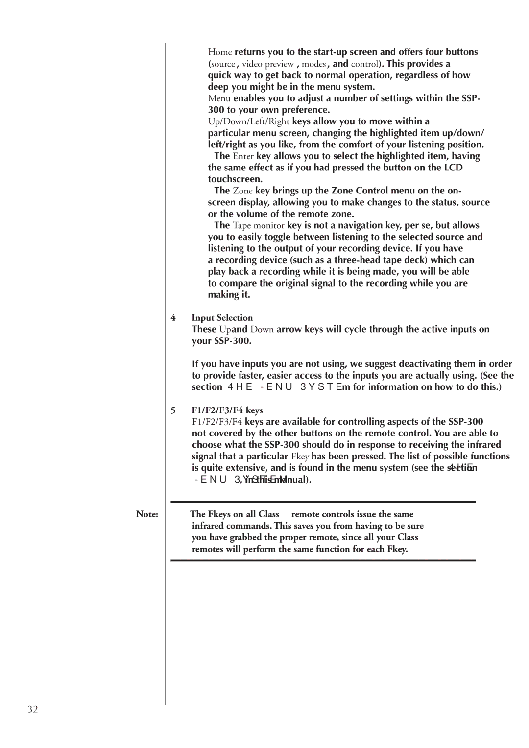 Classe Audio SSP-300 owner manual Input Selection, F1/F2/F3/F4 keys 