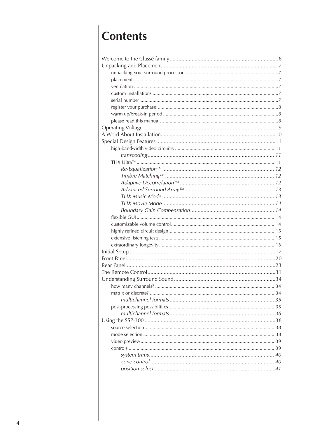 Classe Audio SSP-300 owner manual Contents 